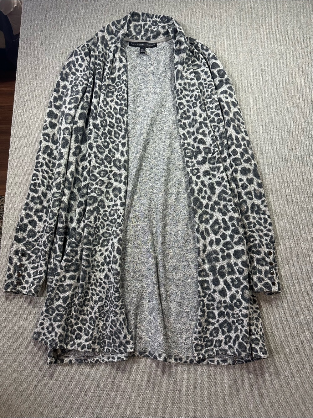 White House Black Market Gray Leopard Print Open Cardigan